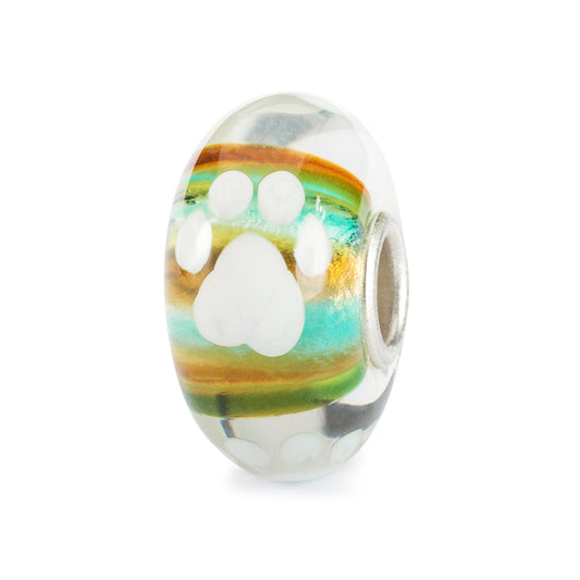 Cammino Fedele Trollbeads | Beads in vetro con zampa di cane bianca e strisce orizzontali multicolor pastello. | TGLBE-20385