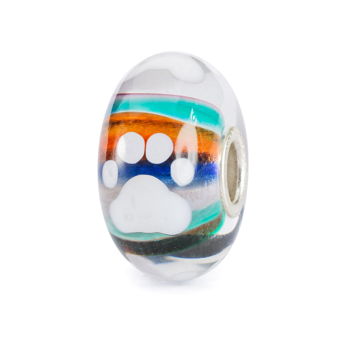 Compagno per la Vita Trollbeads | Beads in vetro con zampa di cane bianca e strisce orizzontali multicolor. | TGLBE-20387