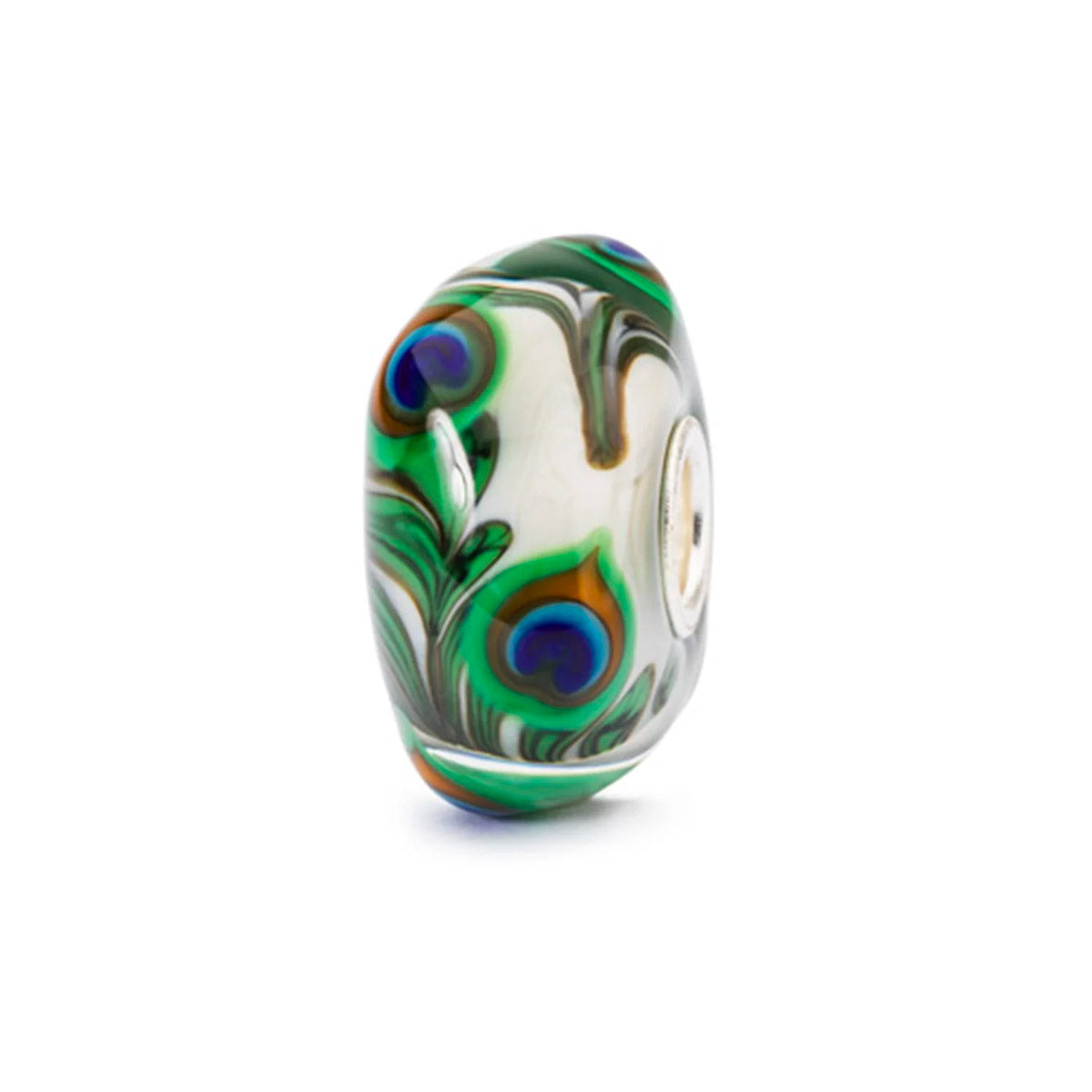 Occhio di Pavone Trollbeads | Beads in vetro di colore Bianco e ornamenti in Verde, Blu e Marrone | TGLBE-10420