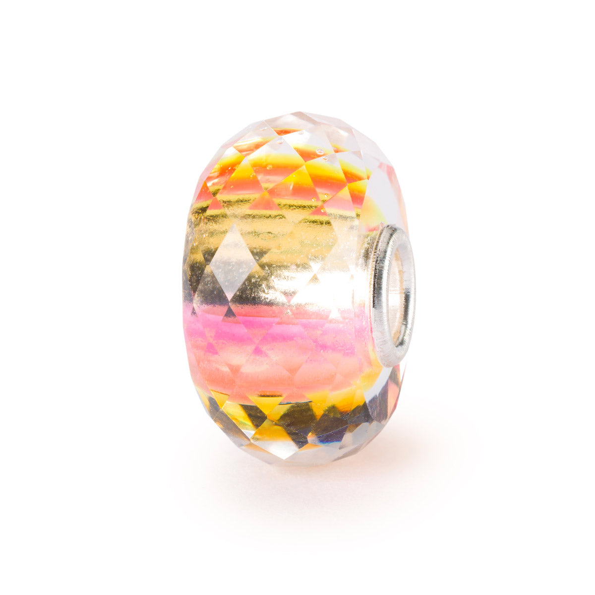 Riflessi di Passato e Presente Trollbeads è un beads in vetro sfaccettato, prevalentemente trasparente, con leggere sfumature di rosa, giallo e arancione.