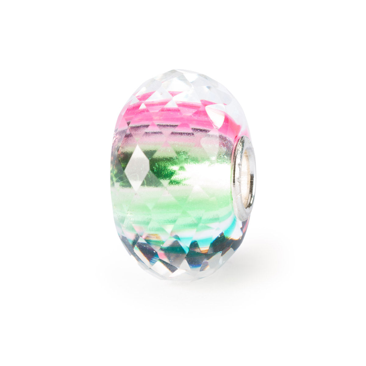 Riflessi di Speranza e Desideri Trollbeads è un beads in vetro sfaccettato, prevalentemente trasparente, con leggere sfumature di rosa, verde e celeste.