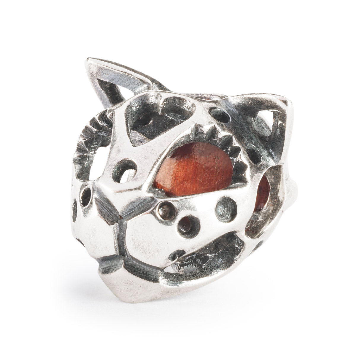 Senza Paura Trollbeads | Gatto Trollbeads in argento con occhio di tigre rosso incastonato. | TAGBE-00305