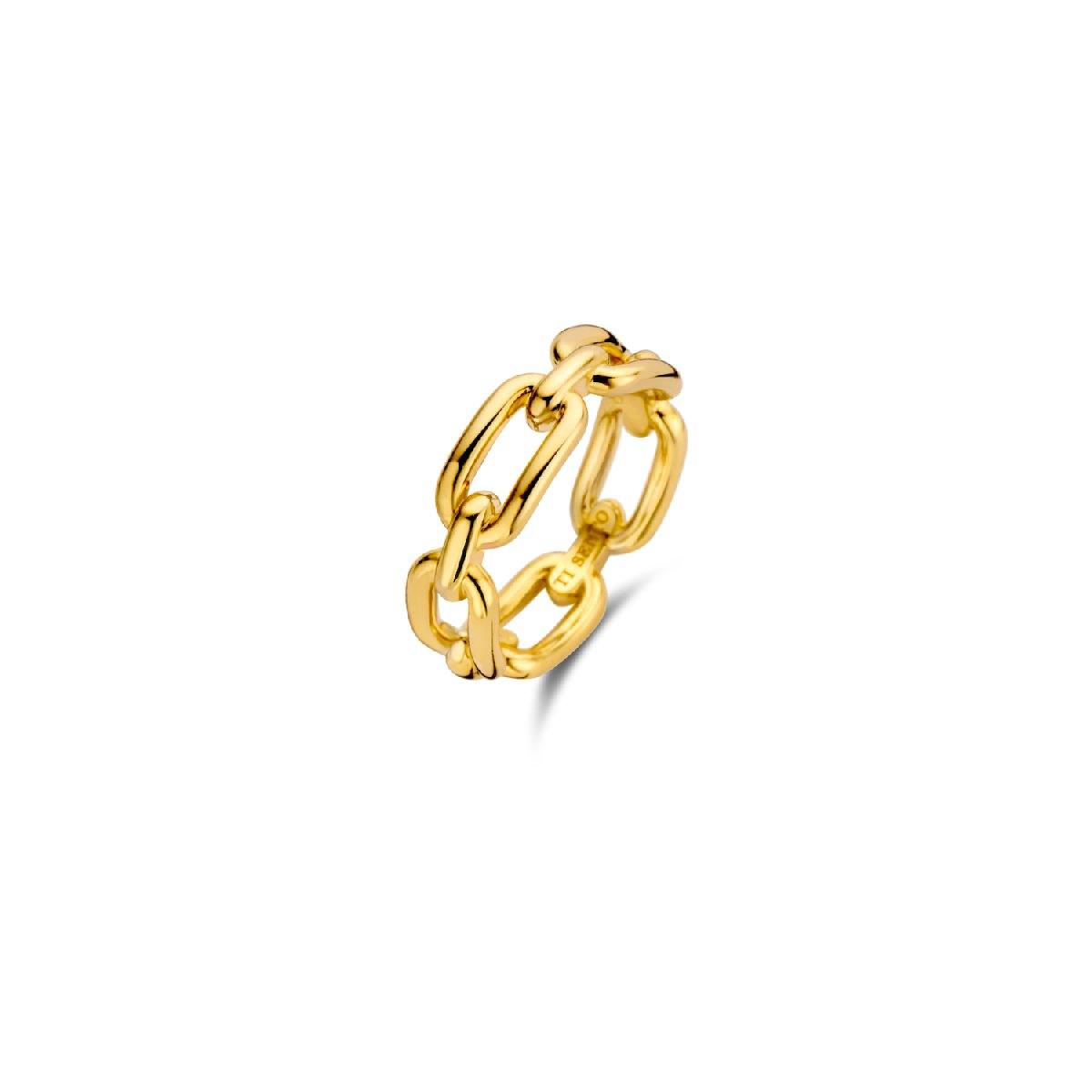 Questo anello d'argento a catena TI SENTO - Milano è composto da una serie di maglie placcate oro. Una geometria precisa, uno stile decisamente lussuoso. Un raffinato pezzo essenziale dal gusto vintage.