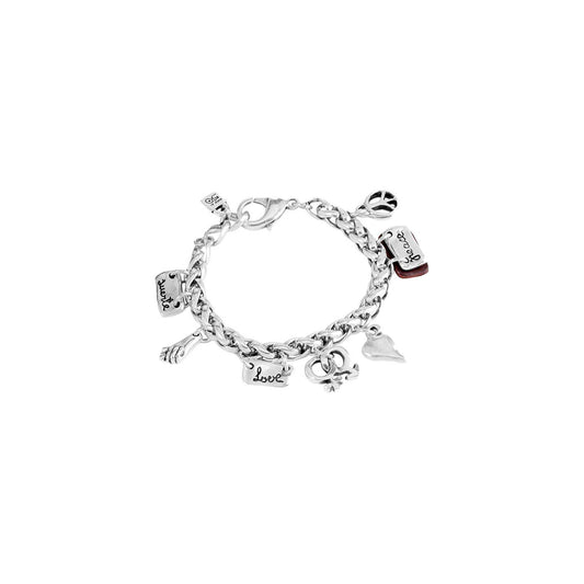 Bracciale a catena spessa di metallo bagnata in argento con ciondoli di differenti forme come: Love, Peace e gameti.