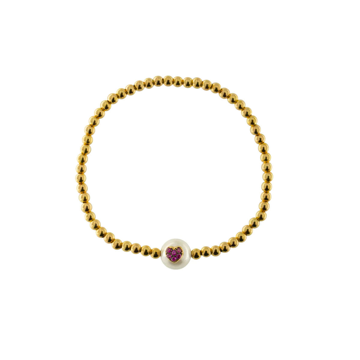 Bracciale elastico con sfere dorate di piccole dimensioni e perla bianca con cuore di zirconi rossi al centro.