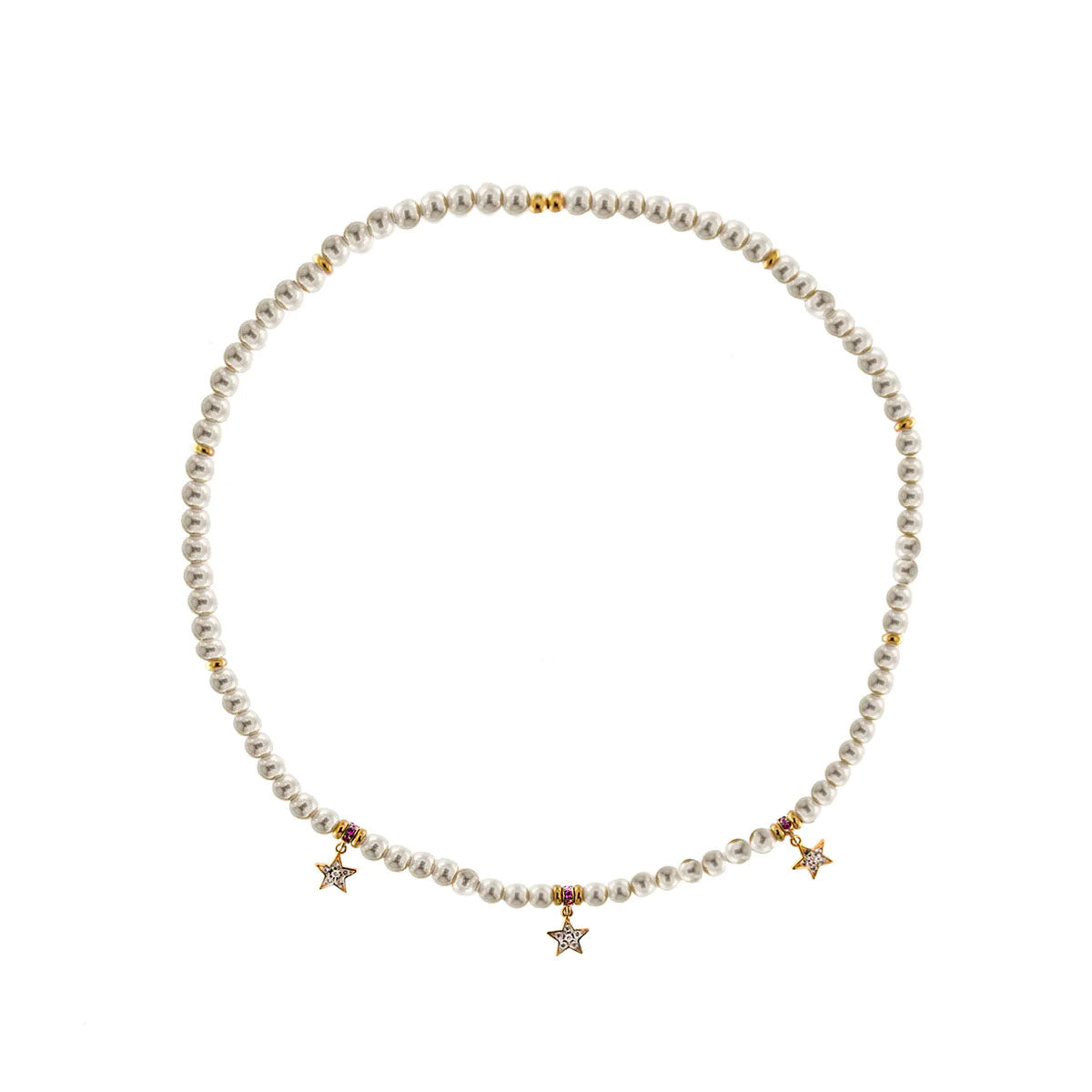 Girocollo elastico di perle bianche e 3 stelle pendenti con zirconi bianchi.