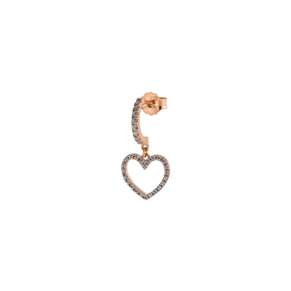 Orecchino con cuore traforato in argento con finitura in oro e zirconi bianchi. Zirconi incastonati sul cuore.